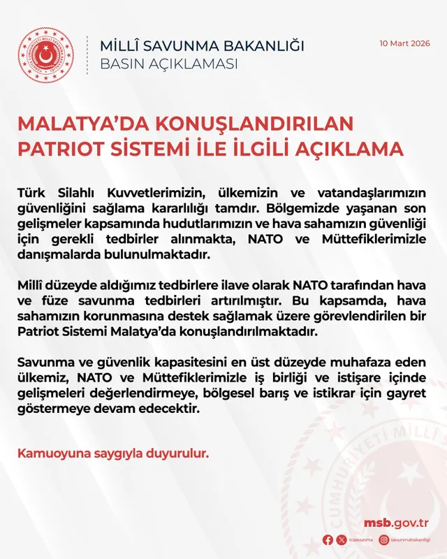 MSB: Malatya’ya patriot sistemi konuşlandırılıyor