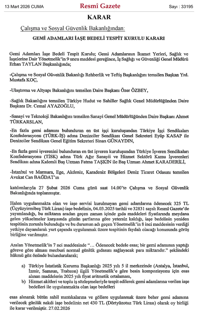 Gemi adamlarının günlük iaşeleri 430 TL oldu