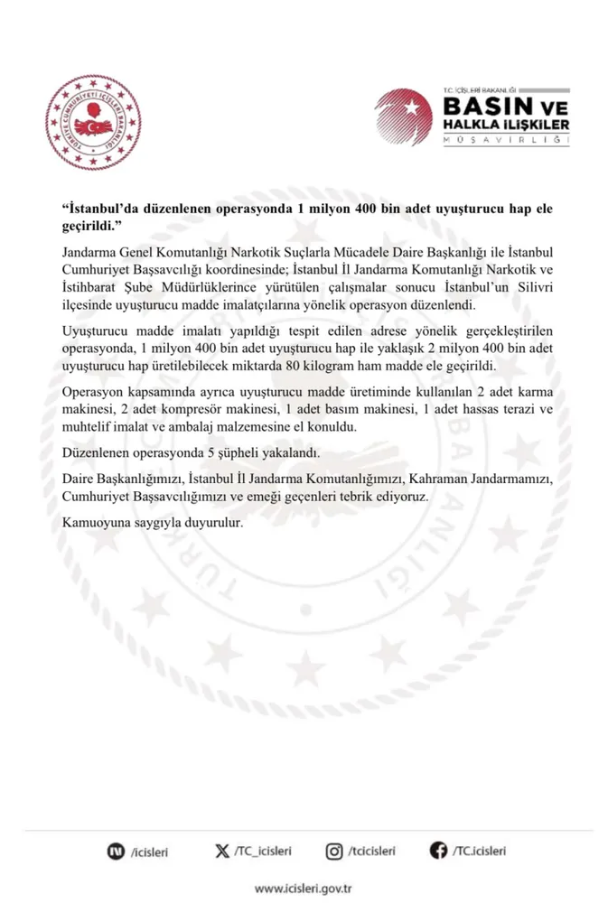 İstanbul’da dev uyuşturucu operasyonu... 1,4 milyon hap ele geçirildi