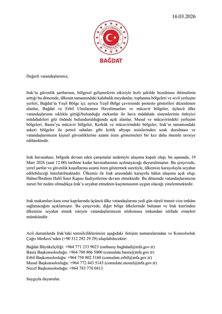 Irak’ta güvenlik alarmı! Türkiye’den vatandaşlarına kritik uyarı