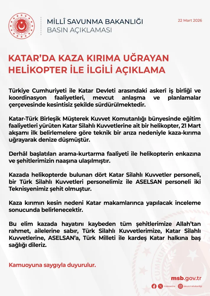 Ortak eğitim helikopteri Katar'da denize düştü! 3'ü Türk 7 şehit!