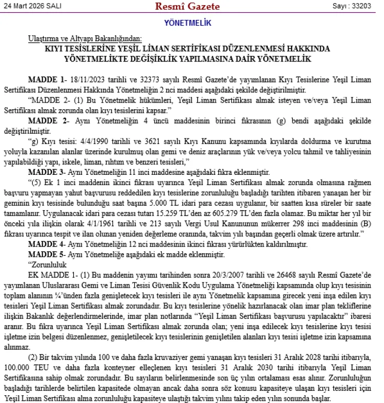 Kıyı tesislerine 'yeşil liman' zorunluluğu genişletildi... Başvurmayana ağır ceza