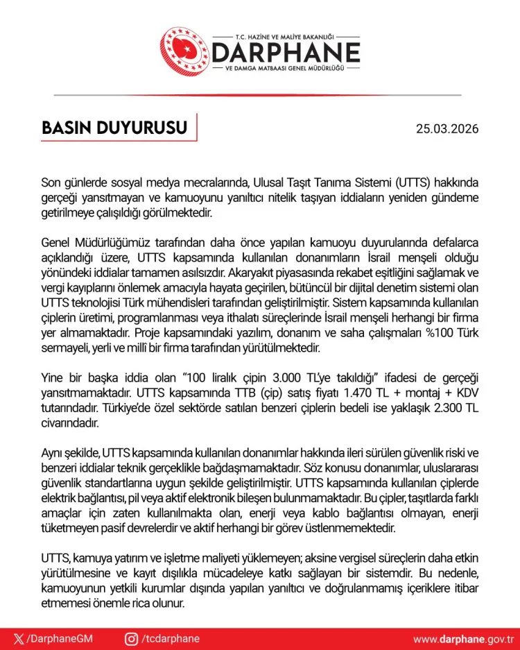 Darphane’den UTTS açıklaması: İddialar asılsız, sistem yerli ve milli