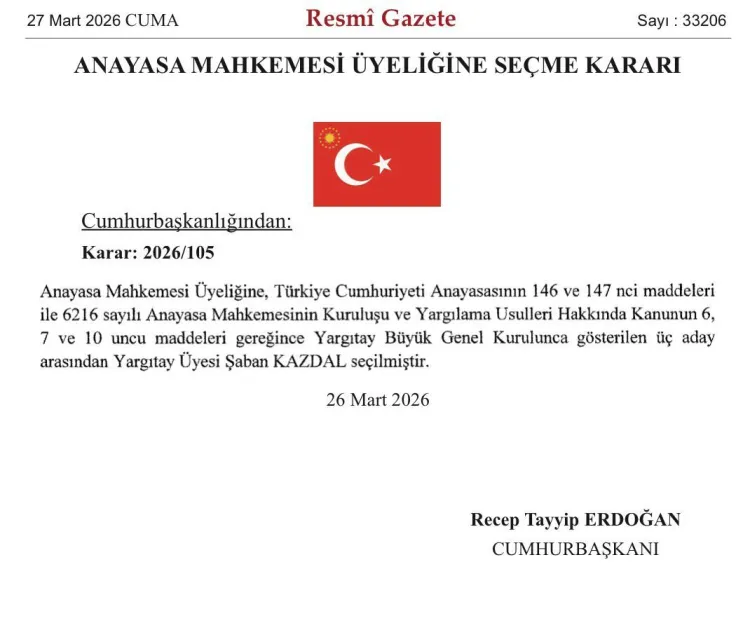 Şaban Kazdal'ın Anayasa Mahkemesi Üyeliği 'Resmi'leşti