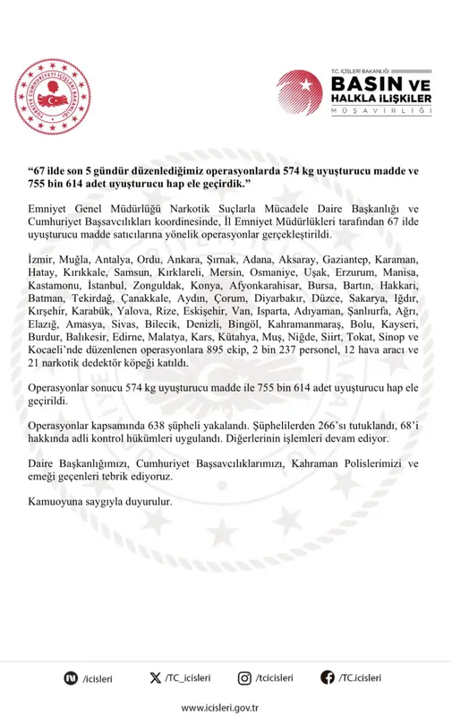 5 günde 67 ilde uyuşturucuy 638 gözaltı