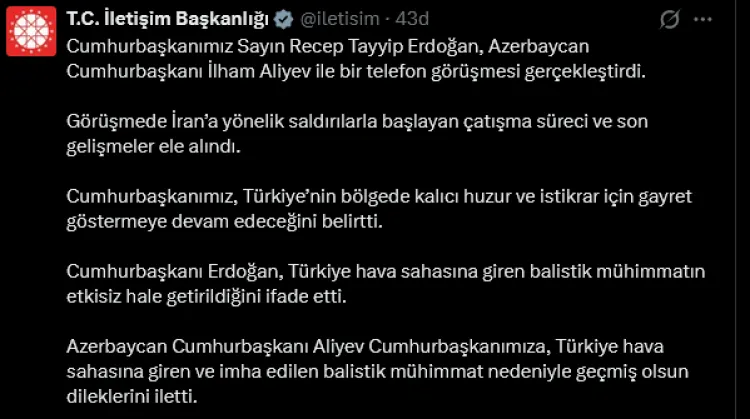 Azerbaycan'dan Türkiye'ye 'geçmiş olsun' telefonu